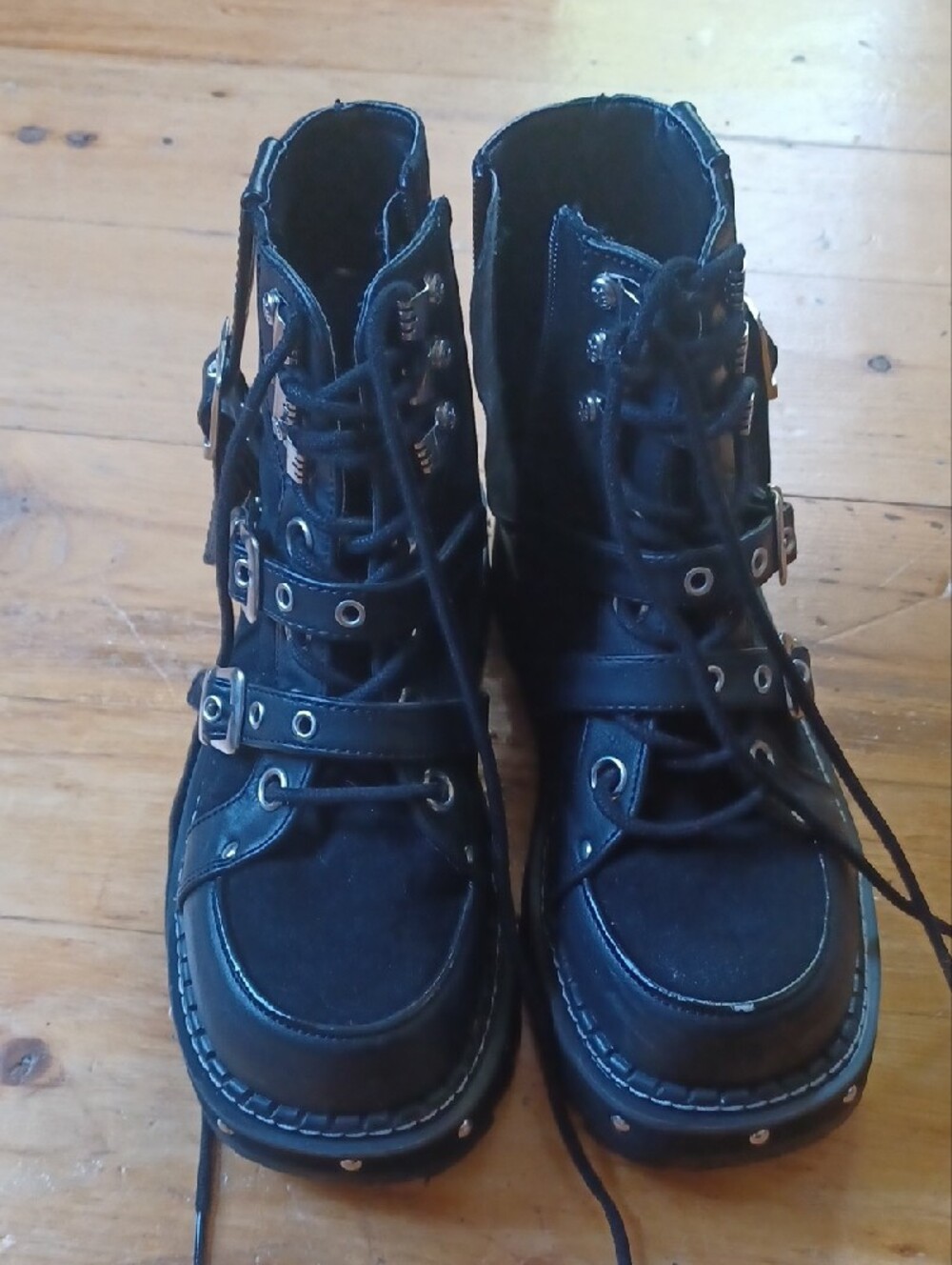 DEMONIA Lilith-278 Black Vegan Leather Suede Platform Buckle Boots - Picture 3 of 6